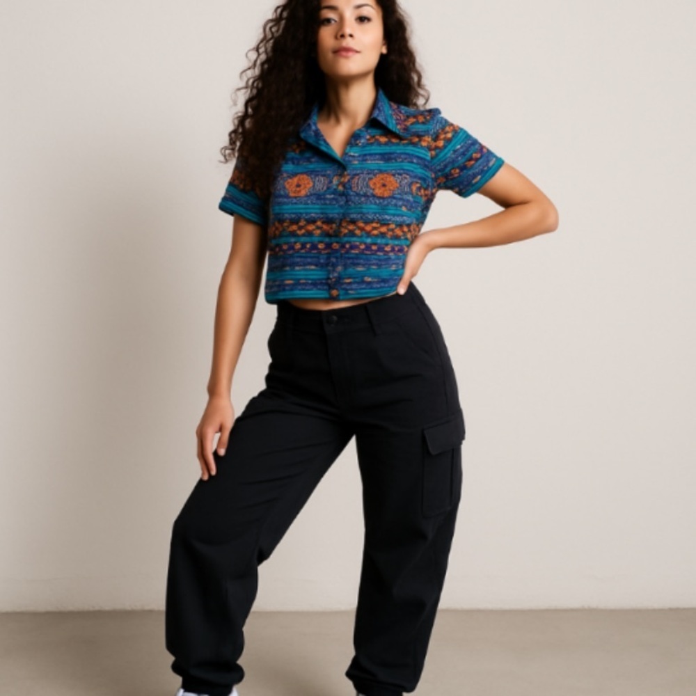 90s Vintage Boho Button Down Crop Shirt Multicolor S